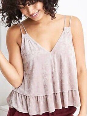 Aerie Tiered Ruffle Hem Crushed Velvet V-neck Tank Top in Taupe Women's S NWT